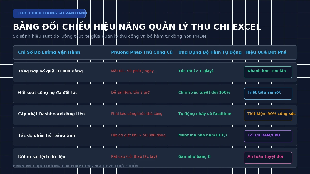 Bảng đối chiếu hiệu năng quản lý thu chi Excel
