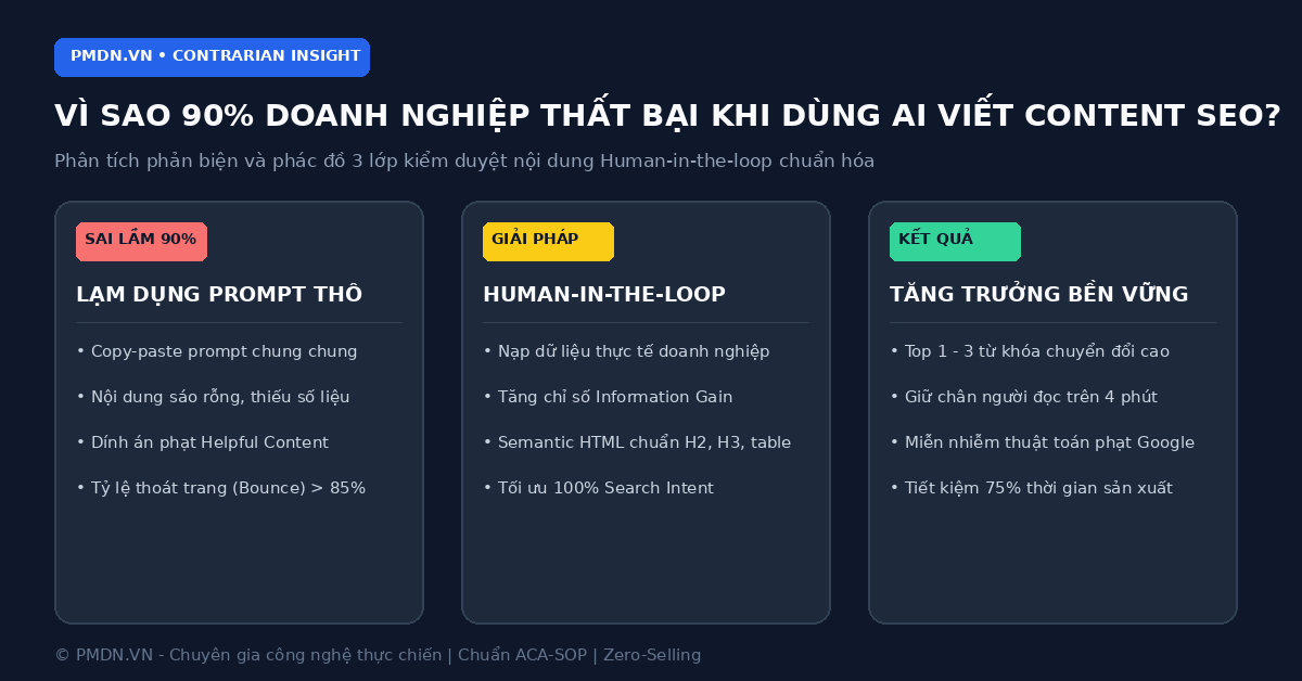 Sơ đồ phân tích phản biện vì sao 90% doanh nghiệp thất bại khi dùng AI viết content SEO