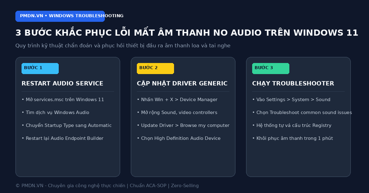 Sơ đồ 3 bước khắc phục lỗi mất âm thanh No Audio Output Device trên Windows 11