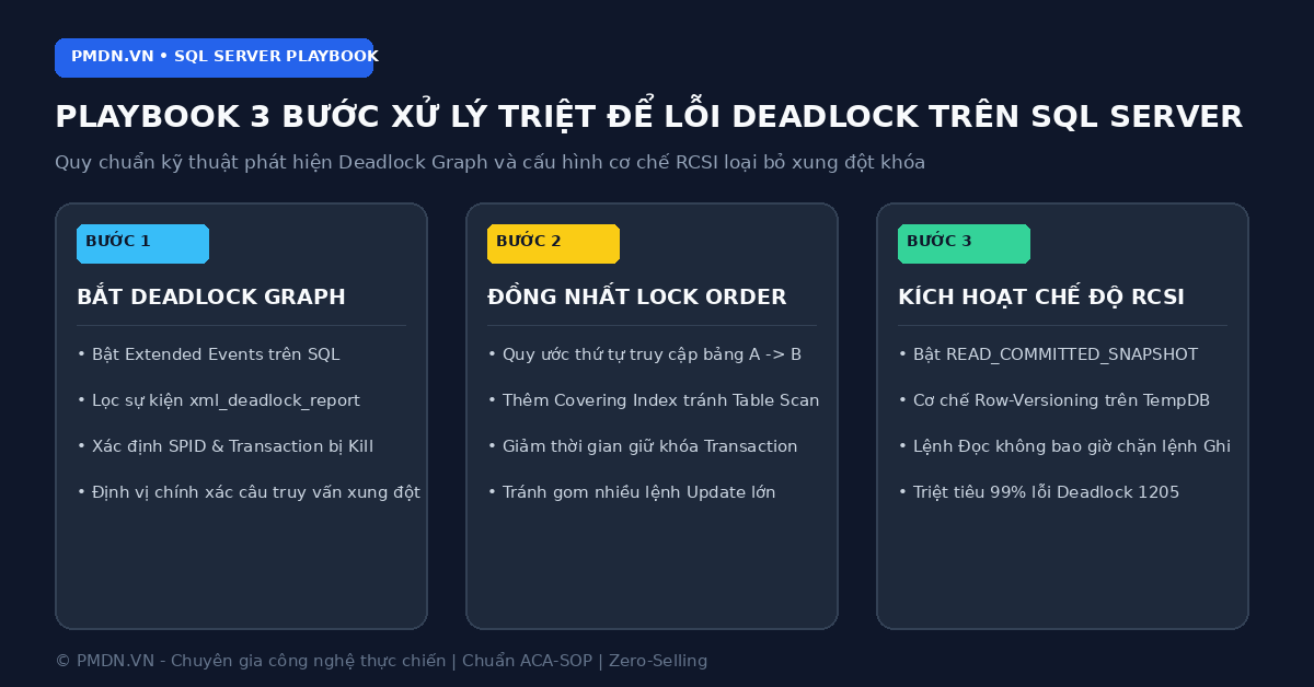 Sơ đồ Playbook 3 bước xử lý triệt để lỗi Deadlock trên SQL Server