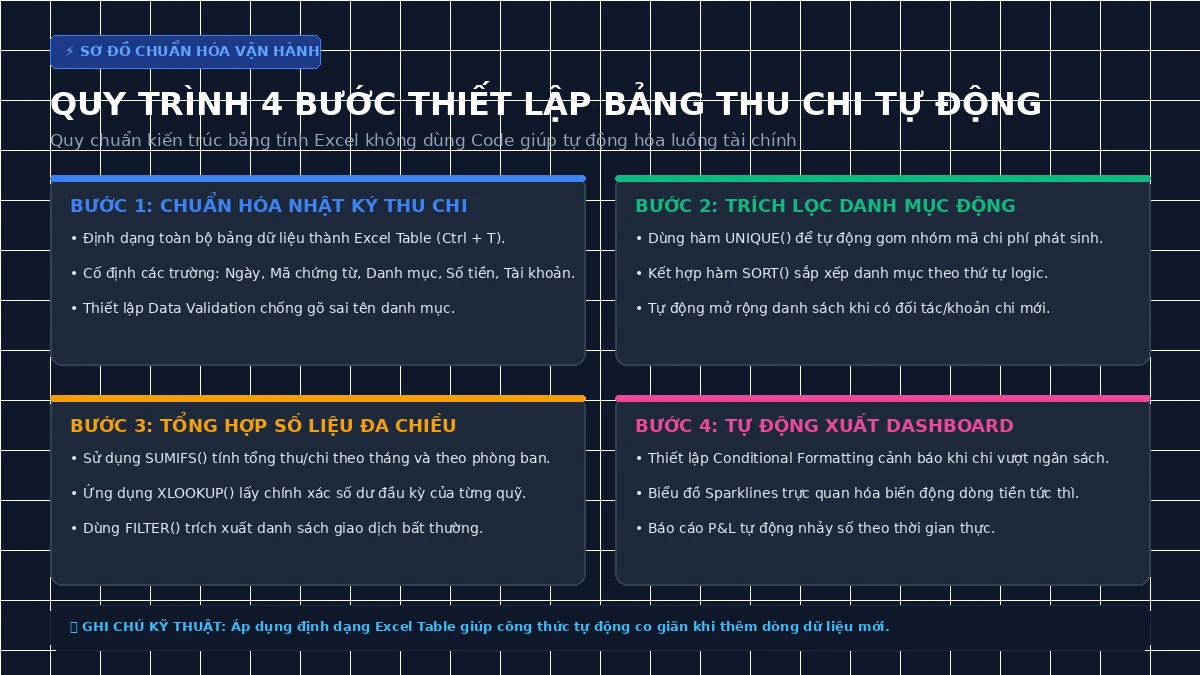 Sơ đồ 4 bước thiết lập bảng thu chi tự động trên Excel